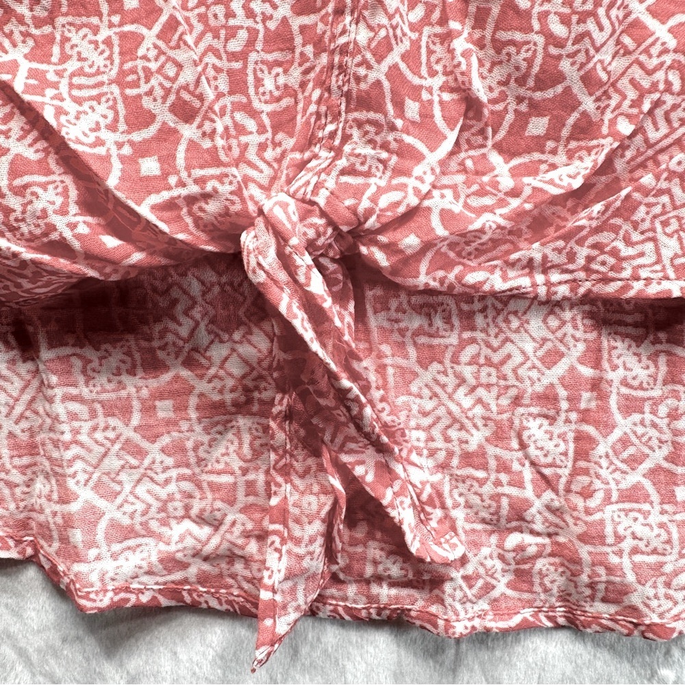 Chico’s Gauzy Tie Front 3/4 Sleeve Aztec Print Boho Popover Blouse in Watermelon - Picture 4 of 10